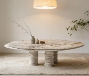 D-229 round stone-look coffee table with ribbed cylindrical legs in a neutral living room