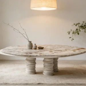 D-229 round stone-look coffee table with ribbed cylindrical legs in a neutral living room