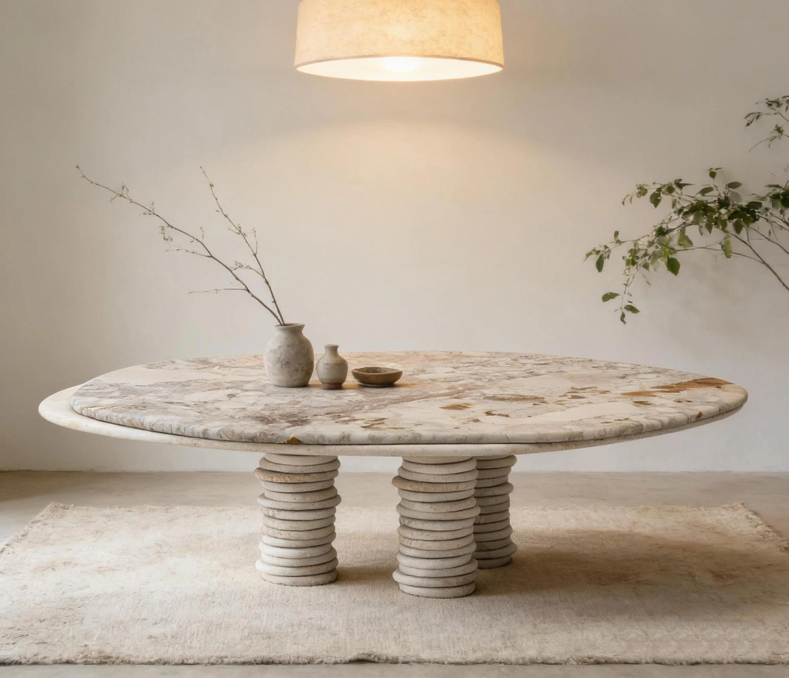 D-229 round stone-look coffee table with ribbed cylindrical legs in a neutral catalogue setting