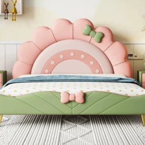 L43 bed with a scalloped pink flower headboard, green bow, and green footboard with a pink bow