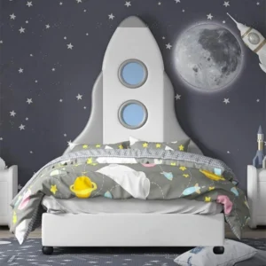 L55 bed with a white rocket headboard, two blue circular windows, and a white footboard on dark round feet