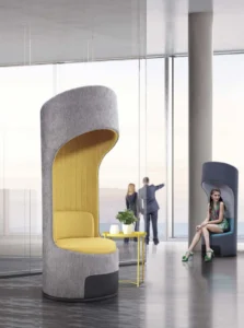 LC20-08 tall wraparound lounge seat with a gray exterior and yellow recessed seating area beside a small yellow table