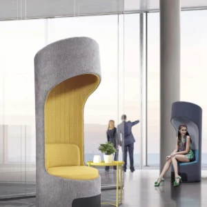 LC20-08 tall wraparound lounge seat with a gray exterior and yellow recessed seating area beside a small yellow table