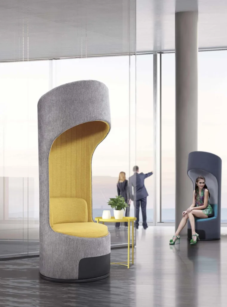 LC20-08 tall wraparound lounge seat with a gray exterior and yellow recessed seating area beside a small yellow table