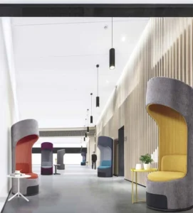 LC20-08 tall wraparound lounge seats in several interior colors arranged along an indoor reception lounge