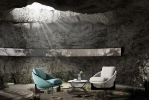 Turquoise and pale gray LC23-35 lounge chairs with separate seat and back cushions arranged around a low table
