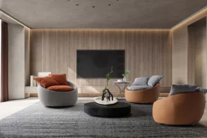 LC23-41 rounded lounge chairs in gray and brown exterior colors arranged around low tables in a living area