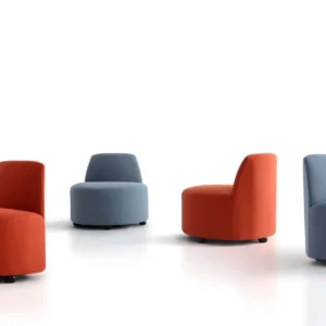 Rust-red and muted blue LC25-09 armless lounge chairs showing front and side views against a white background