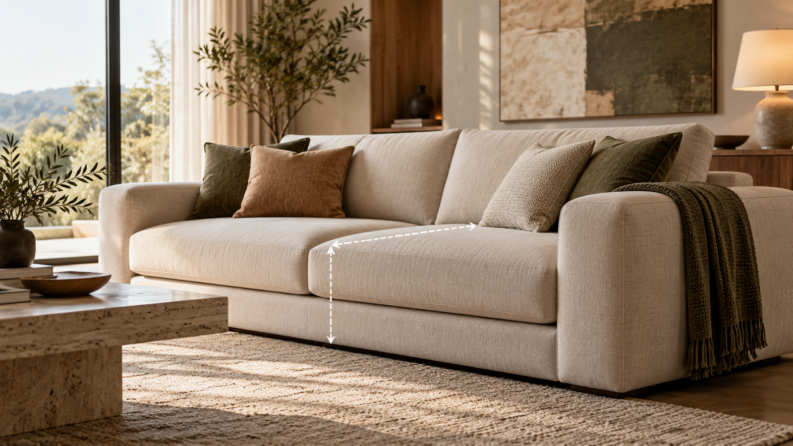 Illustrative cream sofa in a living room, with arrows indicating seating dimensions.