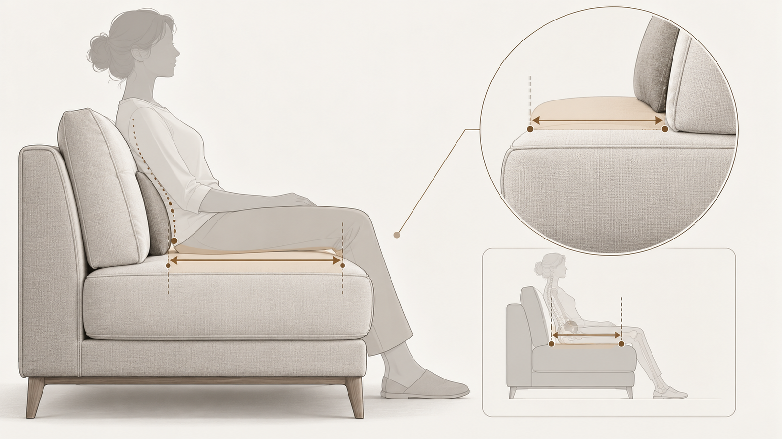 Conceptual side-view illustration showing seat depth between the front seat edge and the back-support area.