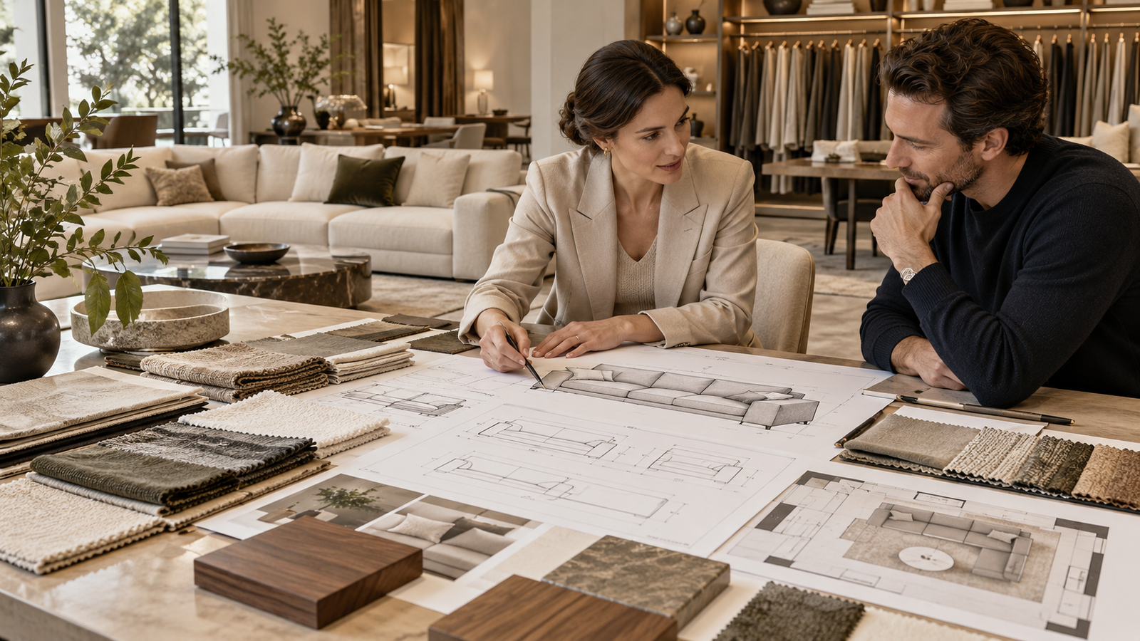 Illustrative design discussion with sofa drawings, upholstery swatches and finish samples.