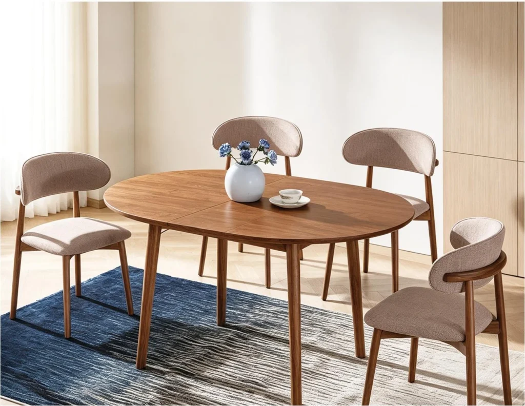 SYL603 oval dining table with a brown finish and four Y68 chairs with curved upholstered backs and seats