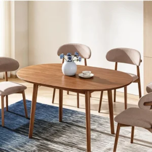 SYL603 oval dining table with a brown finish and four Y68 chairs with curved upholstered backs and seats