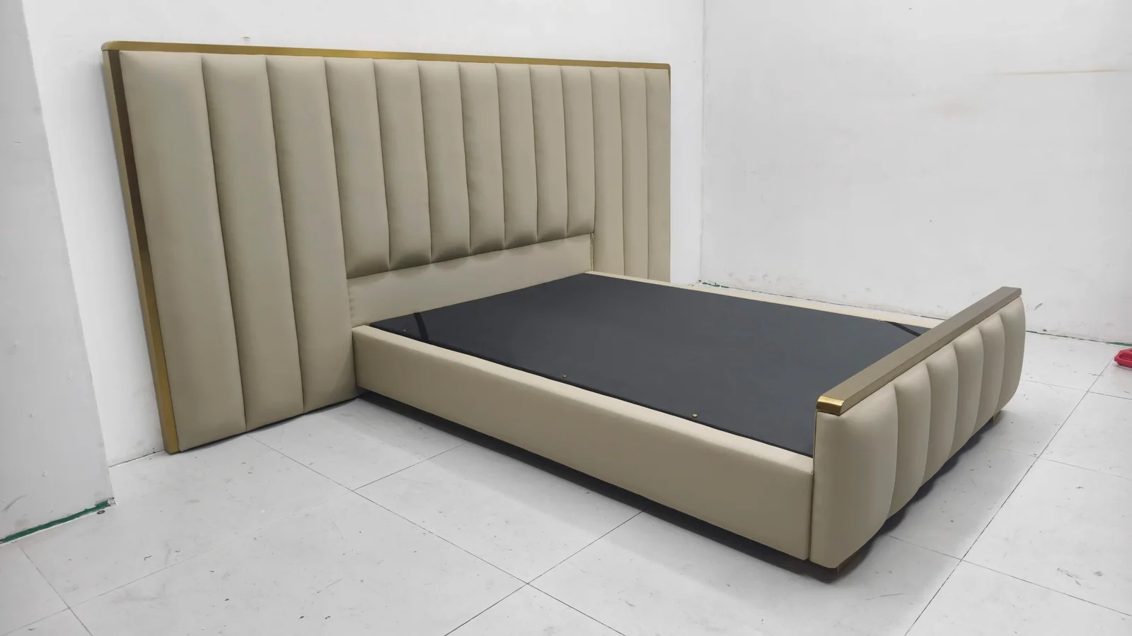 Physical upholstered bed and extended headboard reference