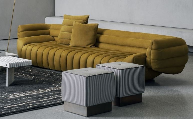 Mustard-colored channelled sofa in the Lenatees archive folder labelled 1183, shown with separate tables.